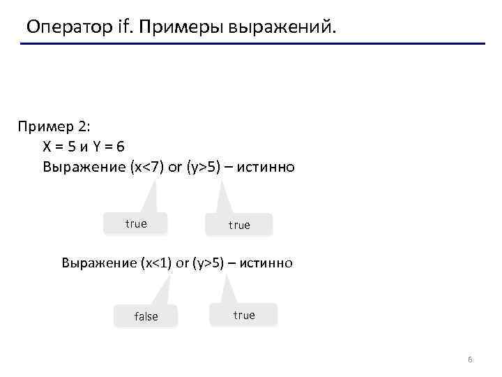 Оператор if. Примеры выражений. Пример 2: X=5 и. Y=6 Выражение (x<7) or (y>5) –