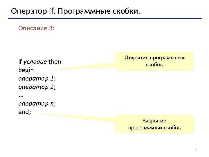 Оператор if. Программные скобки. Описание 3: if условие then begin оператор 1; оператор 2;