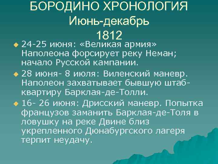 БОРОДИНО ХРОНОЛОГИЯ Июнь-декабрь 1812 24 -25 июня: «Великая армия» Наполеона форсирует реку Неман; начало