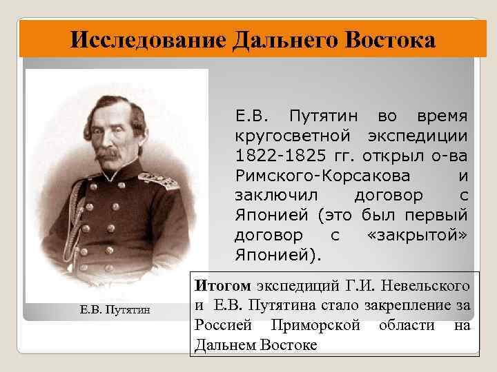 Исследование Дальнего Востока Е. В. Путятин во время кругосветной экспедиции 1822 -1825 гг. открыл