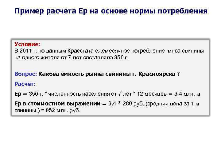 Пример расчета Ер на основе нормы потребления Условие: В 2011 г. по данным Красстата