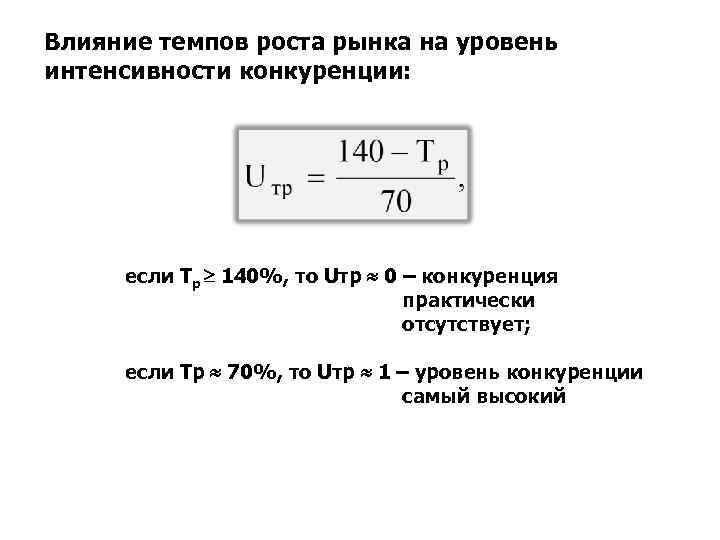 Влияние темпов роста рынка на уровень интенсивности конкуренции: если Tp 140%, то Uтр 0