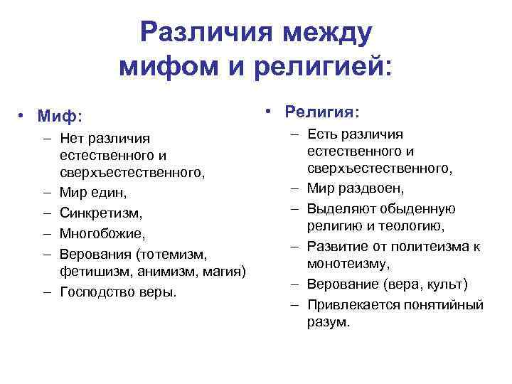 Различия между мифом и религией: • Миф: – Нет различия естественного и сверхъестественного, –