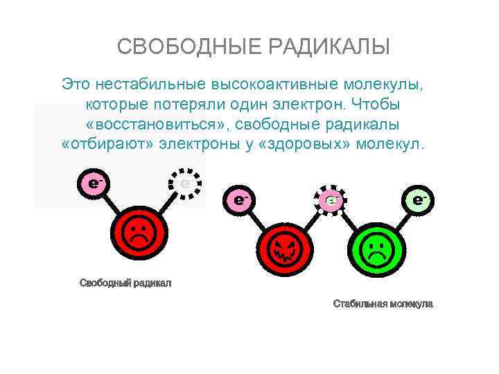 СВОБОДНЫЕ РАДИКАЛЫ Это нестабильные высокоактивные молекулы, которые потеряли один электрон. Чтобы «восстановиться» , свободные