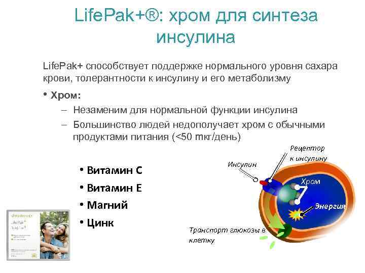 Life. Pak+®: хром для синтеза инсулина Life. Pak+ способствует поддержке нормального уровня сахара крови,