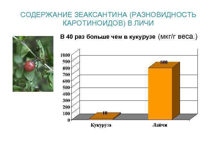 СОДЕРЖАНИЕ ЗЕАКСАНТИНА (РАЗНОВИДНОСТЬ КАРОТИНОИДОВ) В ЛИЧИ В 40 раз больше чем в кукурузе (мкг/г