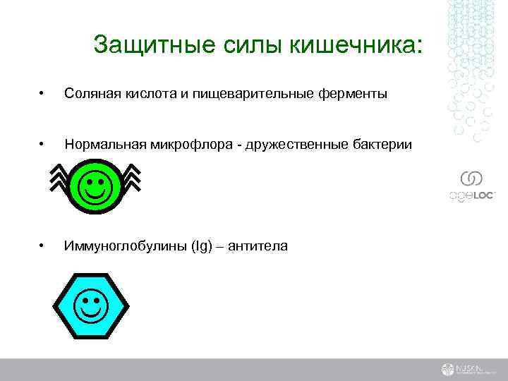 Защитные силы кишечника: • Соляная кислота и пищеварительные ферменты • Нормальная микрофлора - дружественные