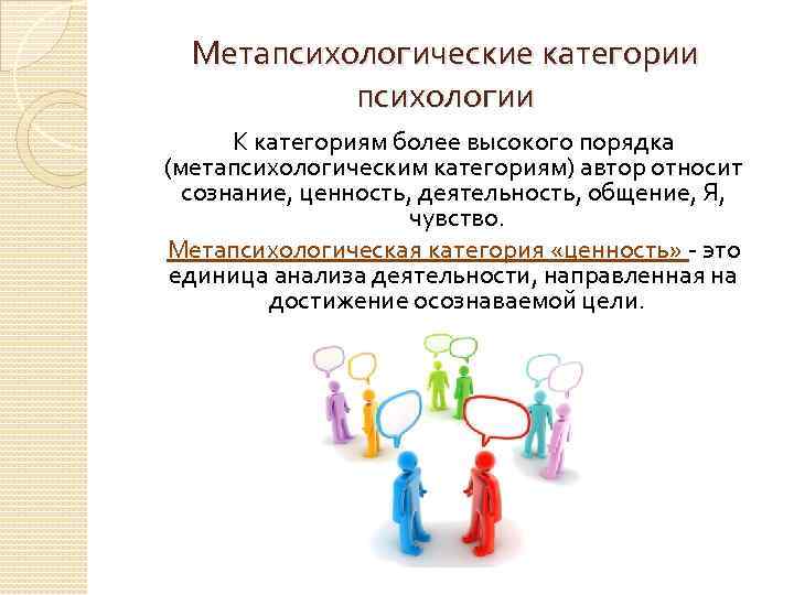 Метапсихологические категории психологии К категориям более высокого порядка (метапсихологическим категориям) автор относит сознание, ценность,