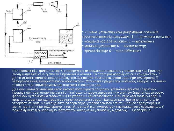 Рис. 2 Схема установки концентрування розчинів виморожуванням під вакуумом: 1 — промивна колонка; 2