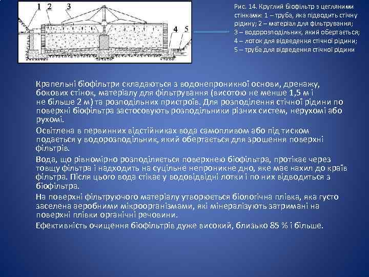 Рис. 14. Круглий біофільтр з цегляними стінками: 1 – труба, яка підводить стічну рідину;