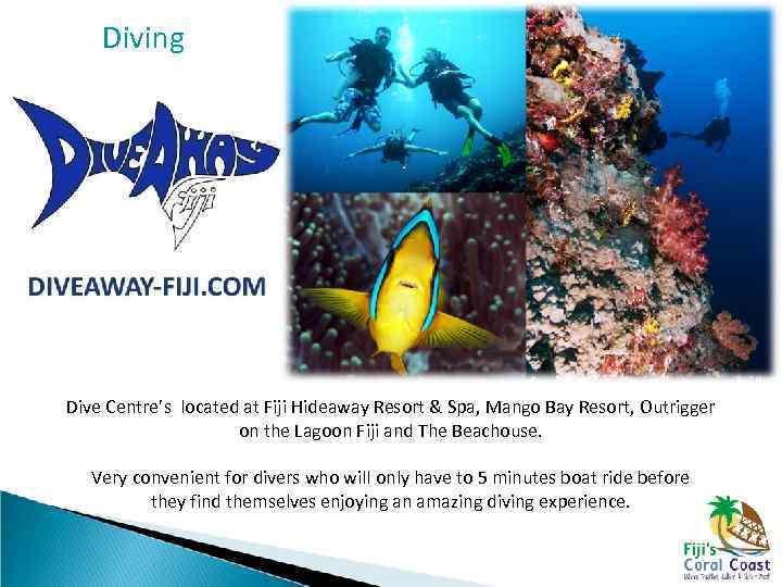 Diving Dive Centre’s located at Fiji Hideaway Resort & Spa, Mango Bay Resort, Outrigger