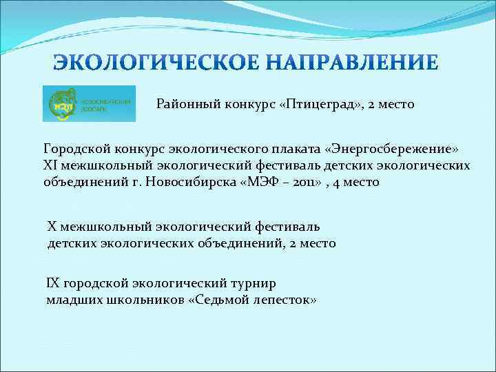 Районный конкурс «Птицеград» , 2 место Городской конкурс экологического плаката «Энергосбережение» ХI межшкольный экологический