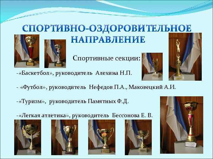 Спортивные секции: - «Баскетбол» , руководитель Алехина Н. П. - «Футбол» , руководитель Нефедов