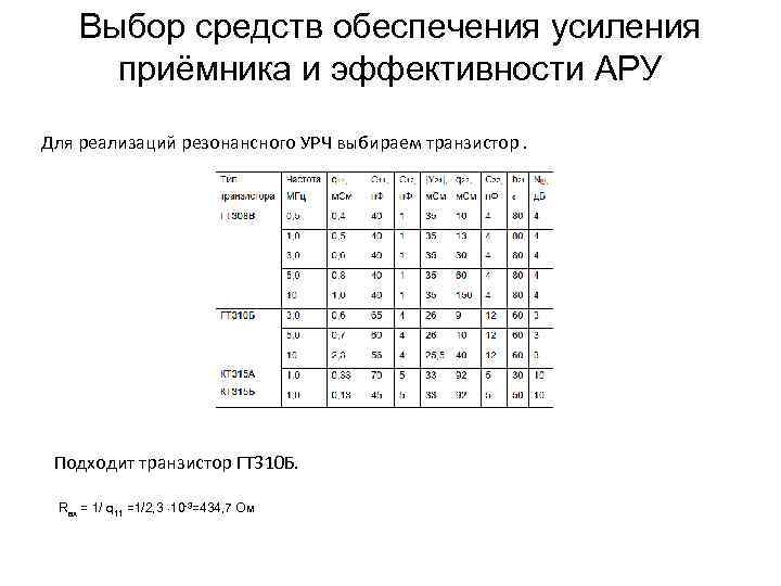 Bыбор средств обеспечения усиления приёмника и эффективности АРУ Для реализаций резонансного УРЧ выбираем транзистор.