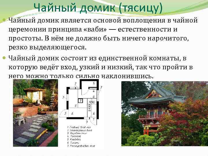 Чайный домик (тясицу) Чайный домик является основой воплощения в чайной церемонии принципа «ваби» —