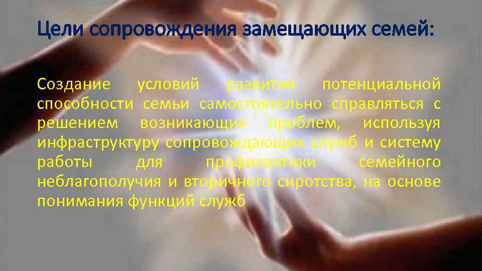 Цели сопровождения замещающих семей: Создание условий развития потенциальной способности семьи самостоятельно справляться с решением