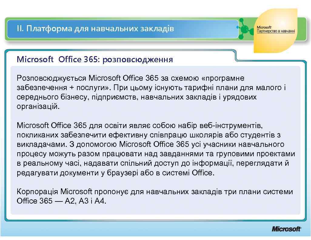 ІІ. Платформа для навчальних закладів Microsoft Office 365: розповсюдження Розповсюджується Microsoft Office 365 за