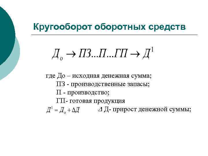 Кругооборотных средств где До – исходная денежная сумма; ПЗ производственные запасы; П производство; ГП