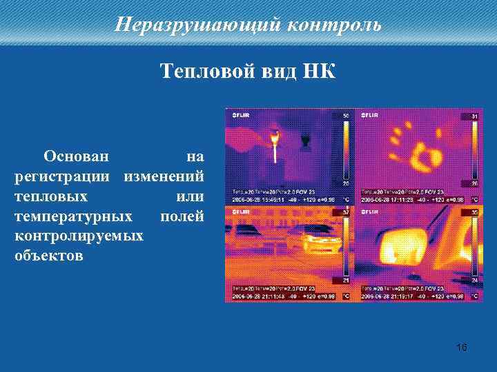 Неразрушающий контроль Тепловой вид НК Основан на регистрации изменений тепловых или температурных полей контролируемых