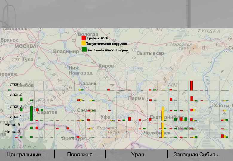 Трубы с КРН Закритическая коррозия Ан. стыки более ¼ перим. Нитка 1 Нитка 2
