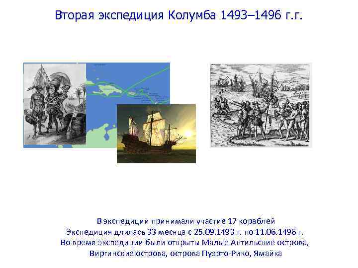 Вторая экспедиция Колумба 1493– 1496 г. г. В экспедиции принимали участие 17 кораблей Экспедиция