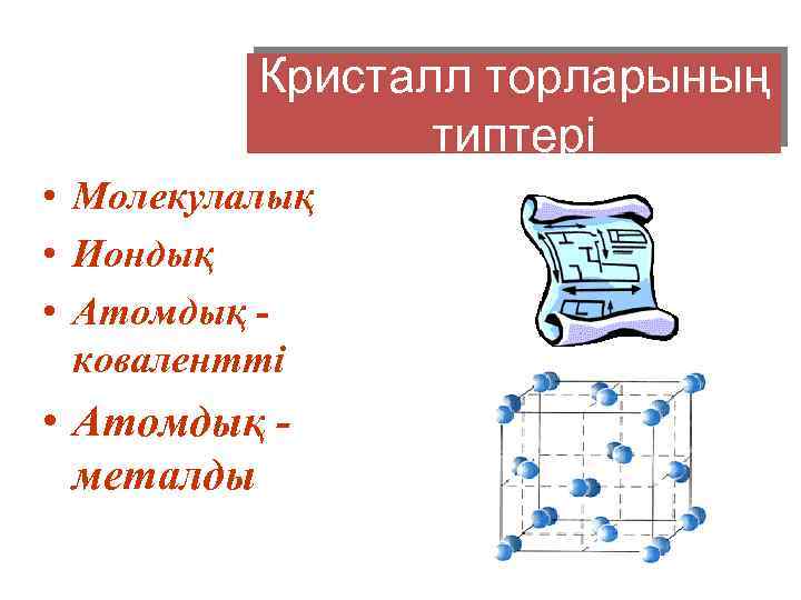 Кристалл торларының типтері • Молекулалық • Иондық • Атомдық ковалентті • Атомдық металды 