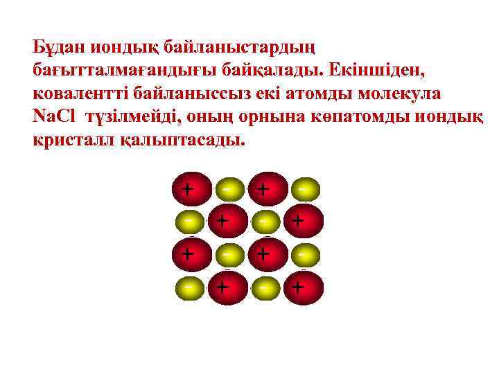 Бұдан иондық байланыстардың бағытталмағандығы байқалады. Екіншіден, ковалентті байланыссыз екі атомды молекула Na. Cl түзілмейді,