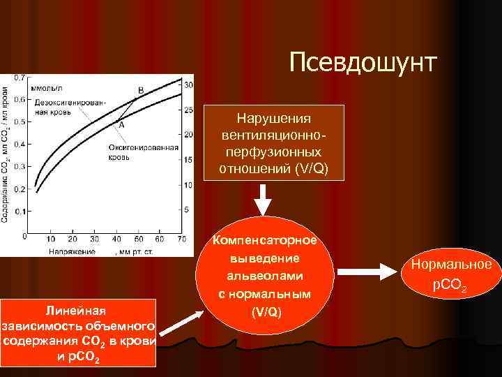Псевдошунт Нарушения вентиляционноперфузионных отношений (V/Q) Линейная зависимость объемного содержания СО 2 в крови и