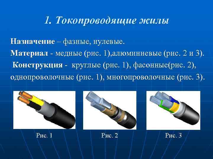 1. Токопроводящие жилы Назначение – фазные, нулевые. Материал - медные (рис. 1), алюминиевые (рис.