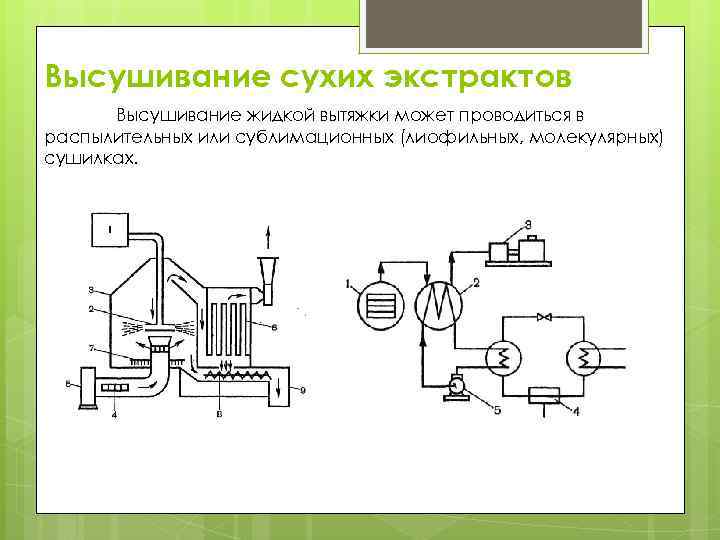 Высушивание сухих экстрактов Высушивание жидкой вытяжки может проводиться в распылительных или сублимационных (лиофильных, молекулярных)