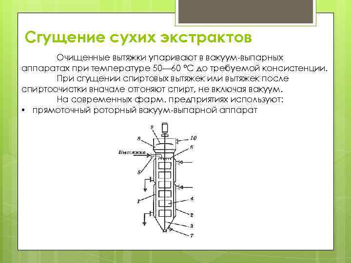 Сгущение сухих экстрактов Очищенные вытяжки упаривают в вакуум-выпарных аппаратах при температуре 50— 60 °С