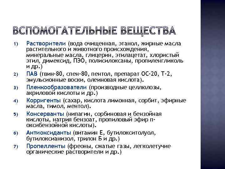 1) 2) 3) 4) 5) 6) 7) Растворители (вода очищенная, этанол, жирные масла растительного