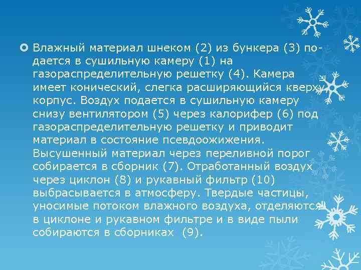  Влажный материал шнеком (2) из бункера (3) подается в сушильную камеру (1) на