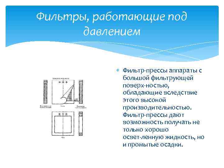 Фильтры, работающие под давлением Фильтр прессы аппараты с большой фильтрующей поверх ностью, обладающие вследствие