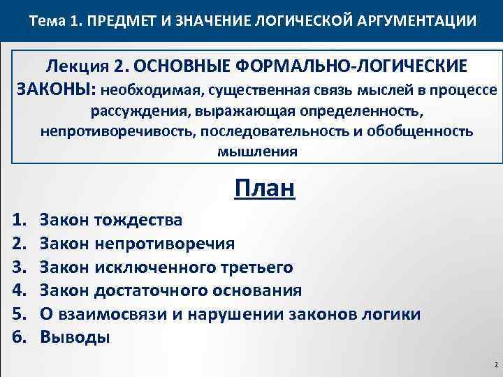 Тема 1. ПРЕДМЕТ И ЗНАЧЕНИЕ ЛОГИЧЕСКОЙ АРГУМЕНТАЦИИ Лекция 2. ОСНОВНЫЕ ФОРМАЛЬНО-ЛОГИЧЕСКИЕ ЗАКОНЫ: необходимая, существенная