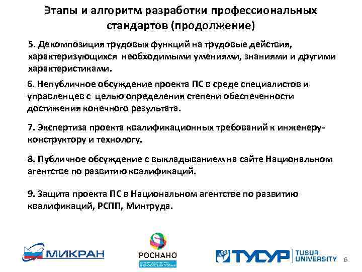 Этапы и алгоритм разработки профессиональных стандартов (продолжение) 5. Декомпозиция трудовых функций на трудовые действия,