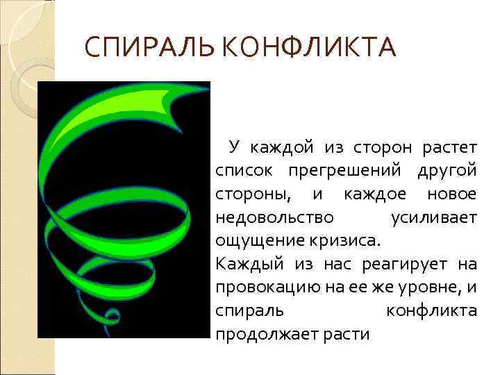 СПИРАЛЬ КОНФЛИКТА У каждой из сторон растет список прегрешений другой стороны, и каждое новое