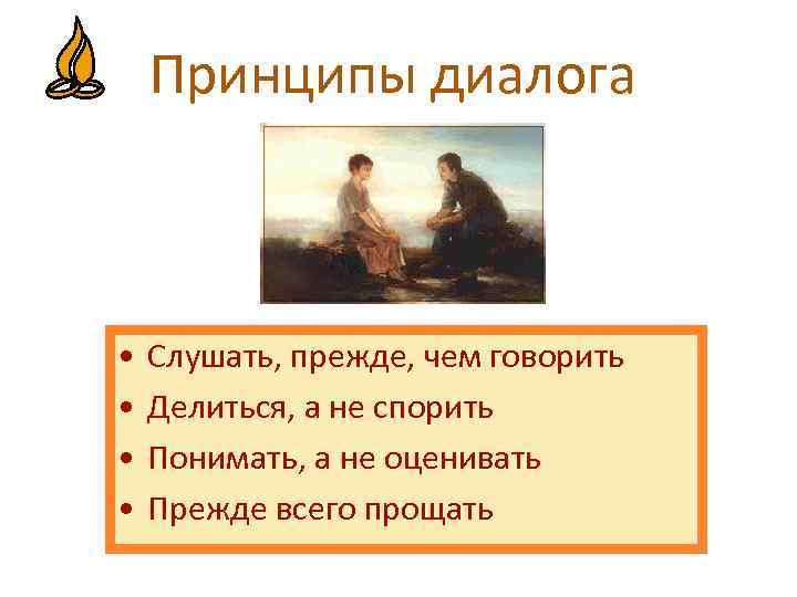 Принципы диалога • • Слушать, прежде, чем говорить Делиться, а не спорить Понимать, а