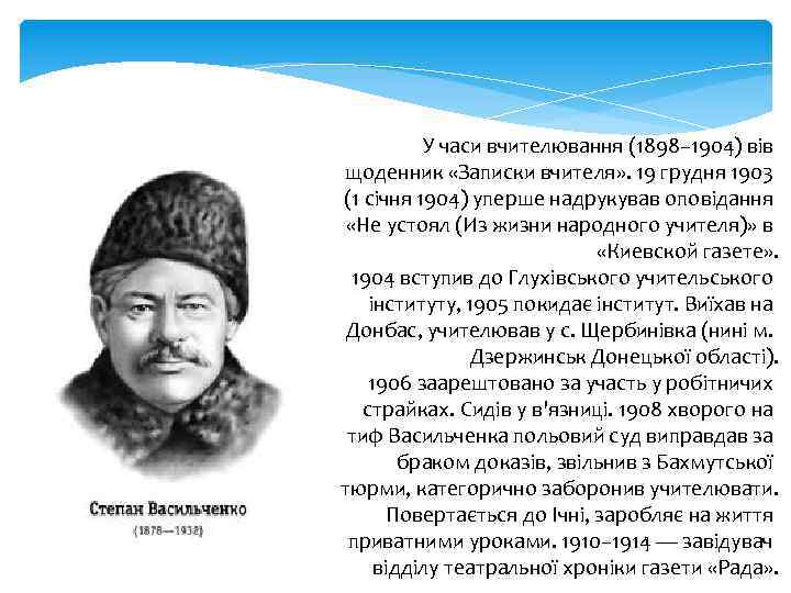 У часи вчителювання (1898– 1904) вів щоденник «Записки вчителя» . 19 грудня 1903 (1