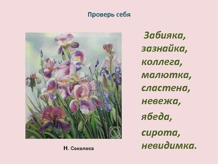 Проверь себя Н. Соколова Забияка, зазнайка, коллега, малютка, сластена, невежа, ябеда, сирота, невидимка. 