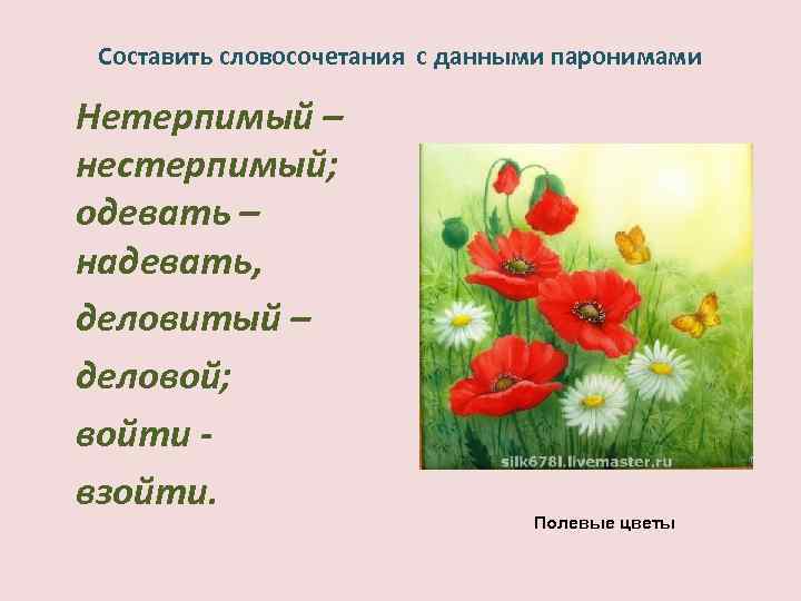 Составить словосочетания с данными паронимами Нетерпимый – нестерпимый; одевать – надевать, деловитый – деловой;