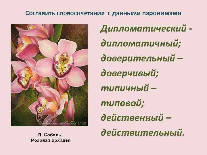 Составить словосочетания с данными паронимами Л. Соболь. Розовая орхидея Дипломатический дипломатичный; доверительный – доверчивый;