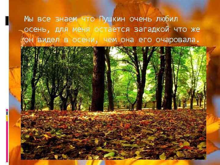 Мы все знаем что Пушкин очень любил осень, для меня остается загадкой что же