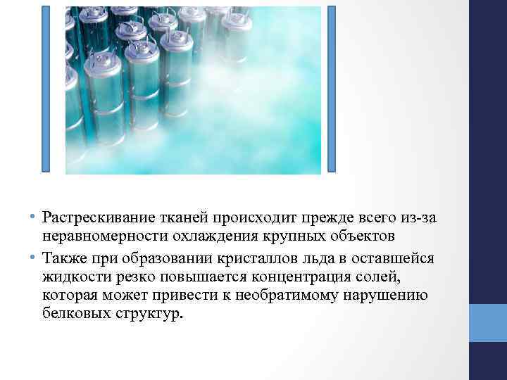  • Растрескивание тканей происходит прежде всего из-за неравномерности охлаждения крупных объектов • Также