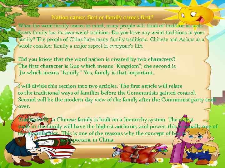 Nation cames first or family cames first? When the word family comes to mind,