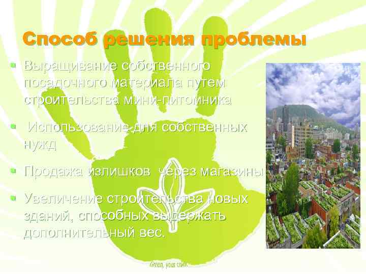 Способ решения проблемы § Выращивание собственного посадочного материала путем строительства мини-питомника § Использование для