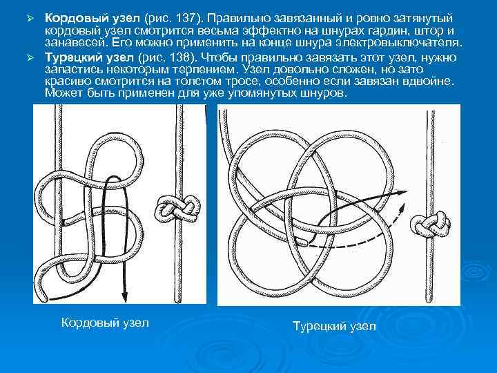 Кордовый узел (рис. 137). Правильно завязанный и ровно затянутый кордовый узел смотрится весьма эффектно