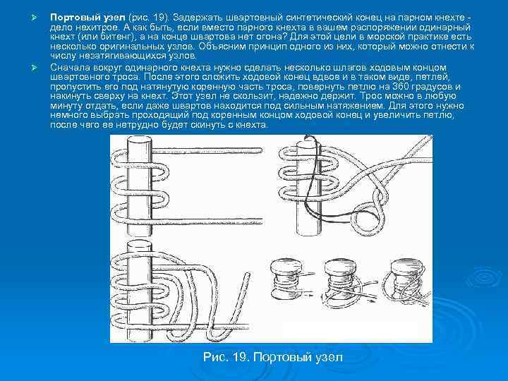 Ø Ø Портовый узел (рис. 19). Задержать швартовный синтетический конец на парном кнехте дело