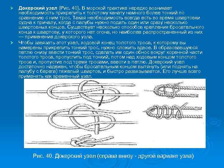 Докерский узел (Рис. 40). В морской практике нередко возникает необходимость прикрепить к толстому канату