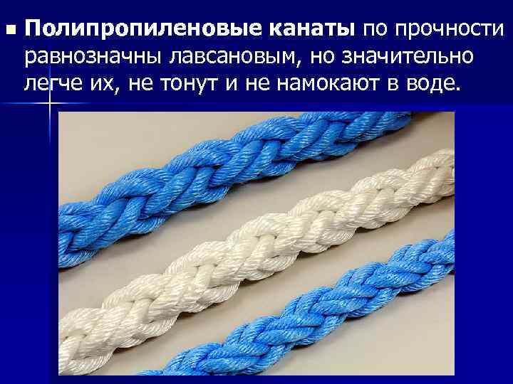 n Полипропиленовые канаты по прочности равнозначны лавсановым, но значительно легче их, не тонут и